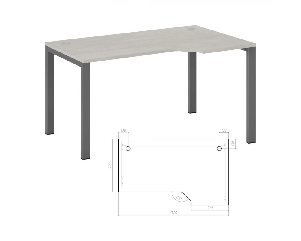 Стол эргономичный правый на металлоопорах 150 New Line Дуб Шамони светлый