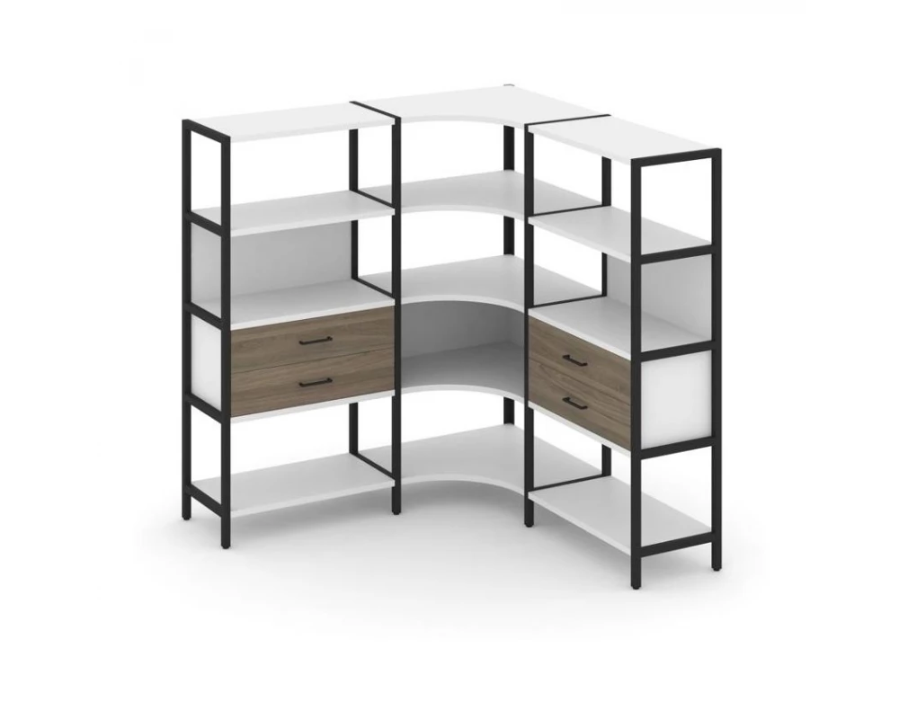 Трехсекционный угловой стеллаж четырехярусный с ящиками 1590х1590х1613 Shelf System
