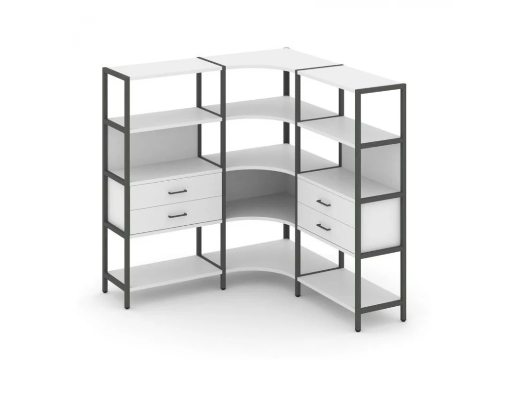 Трехсекционный угловой стеллаж четырехярусный с ящиками 1590х1590х1613 Shelf System