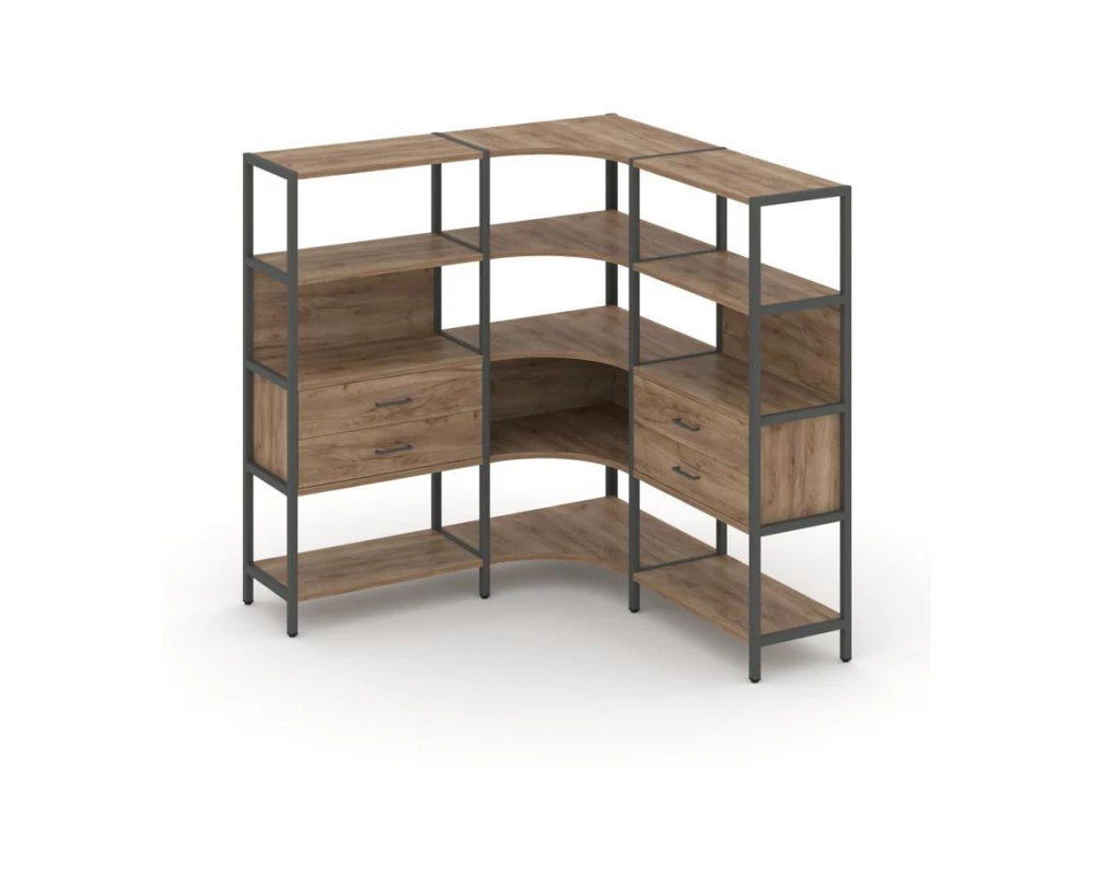 Трехсекционный угловой стеллаж четырехярусный с ящиками 1590х1590х1613 Shelf System