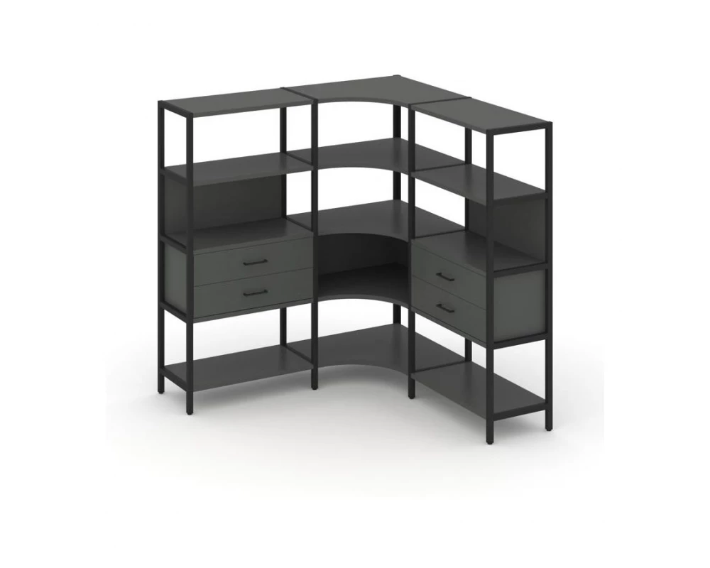 Трехсекционный угловой стеллаж четырехярусный с ящиками 1590х1590х1613 Shelf System