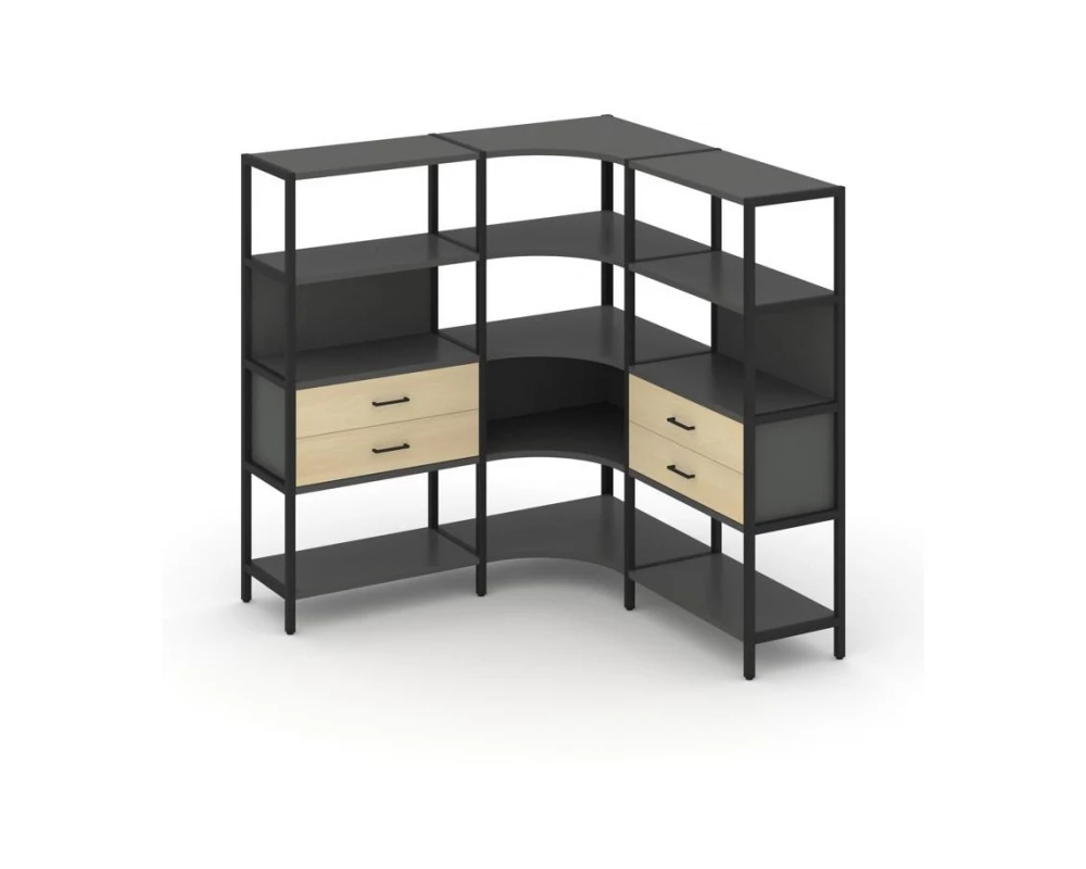 Трехсекционный угловой стеллаж четырехярусный с ящиками 1590х1590х1613 Shelf System
