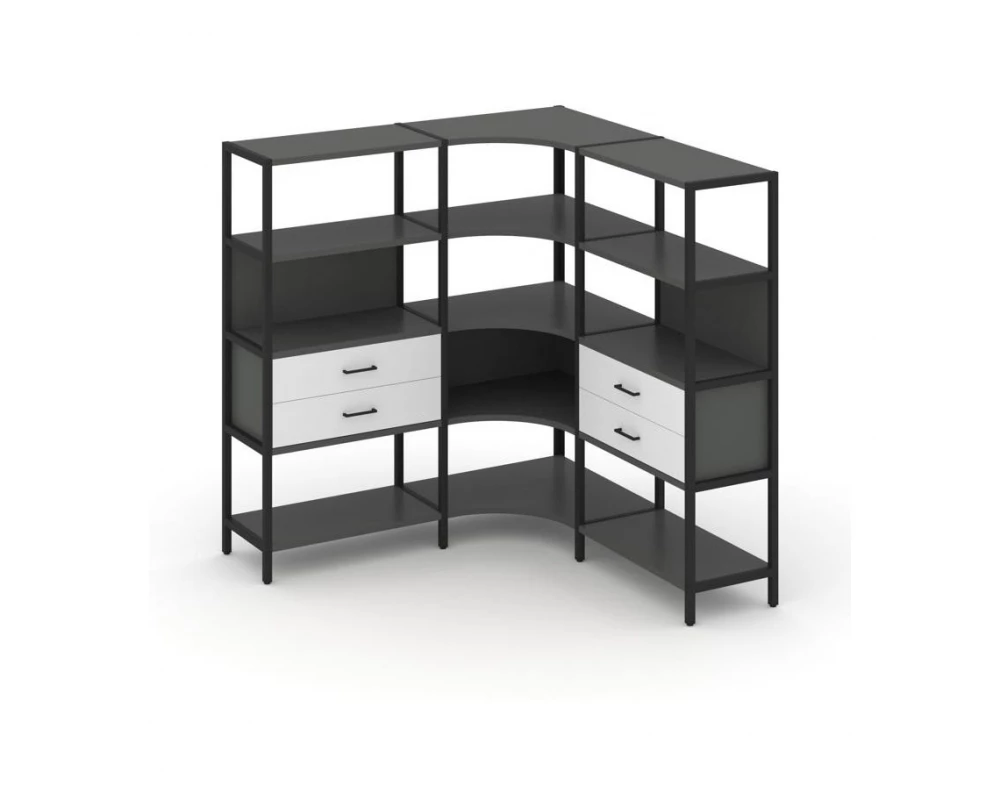 Трехсекционный угловой стеллаж четырехярусный с ящиками 1590х1590х1613 Shelf System