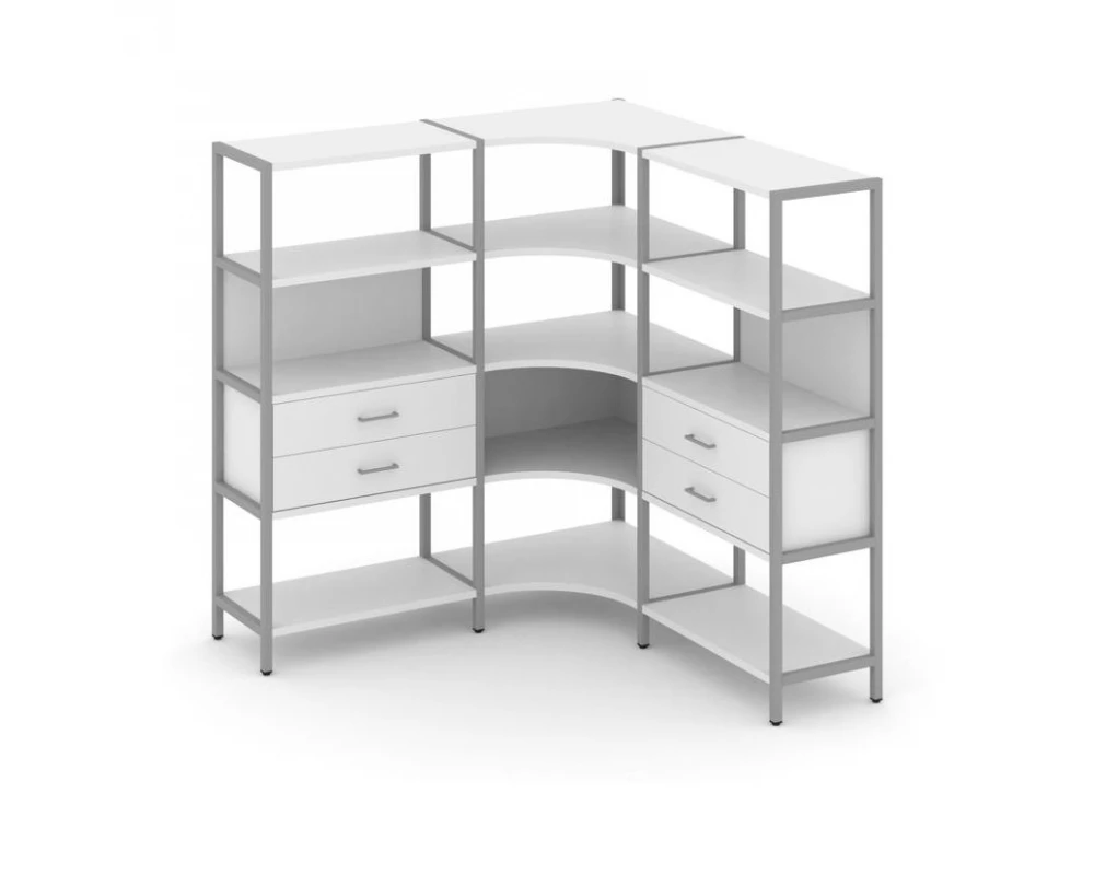 Трехсекционный угловой стеллаж четырехярусный с ящиками 1590х1590х1613 Shelf System