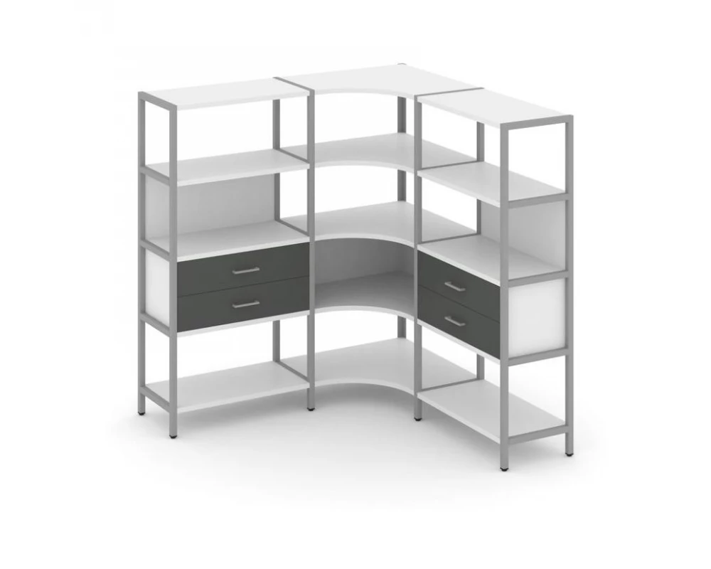 Трехсекционный угловой стеллаж четырехярусный с ящиками 1590х1590х1613 Shelf System