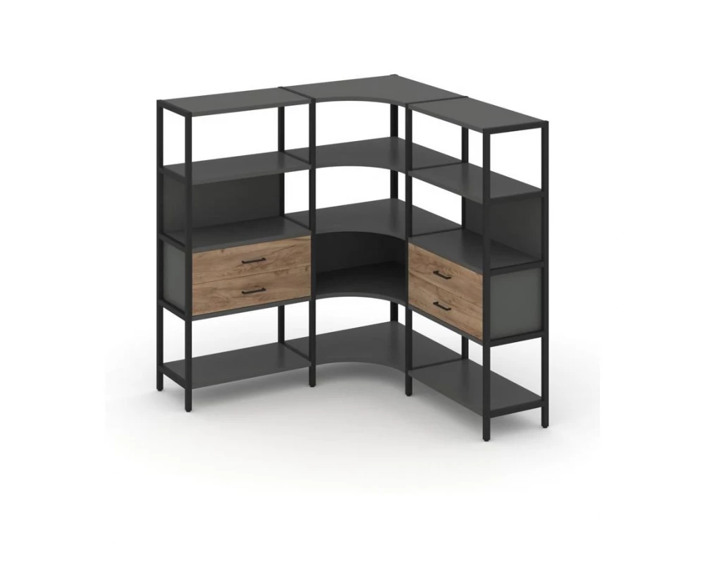 Трехсекционный угловой стеллаж четырехярусный с ящиками 1590х1590х1613 Shelf System