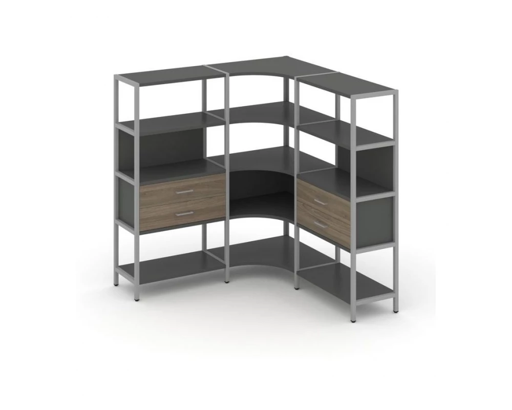 Трехсекционный угловой стеллаж четырехярусный с ящиками 1590х1590х1613 Shelf System