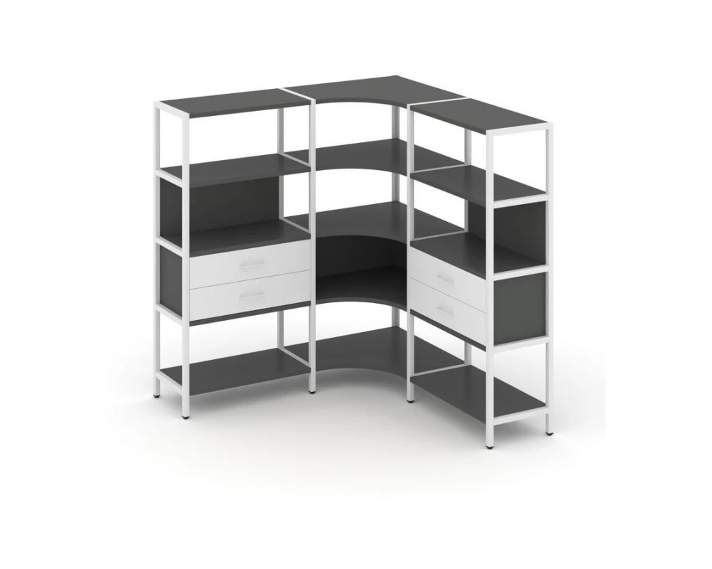 Трехсекционный угловой стеллаж четырехярусный с ящиками 1590х1590х1613 Shelf System