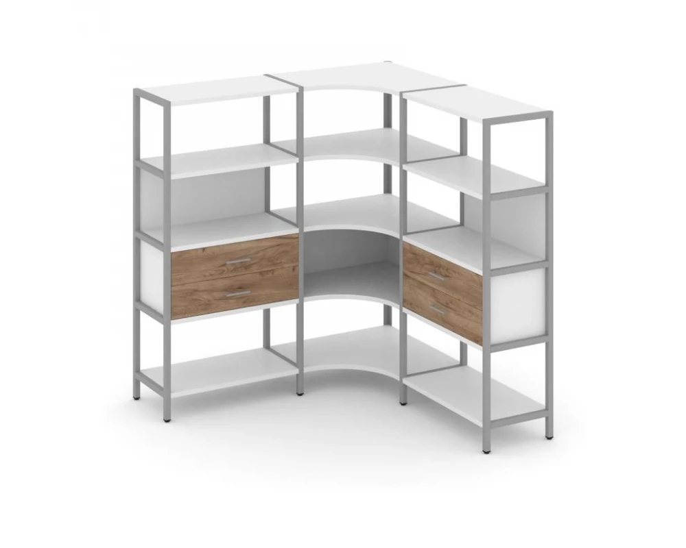 Трехсекционный угловой стеллаж четырехярусный с ящиками 1590х1590х1613 Shelf System