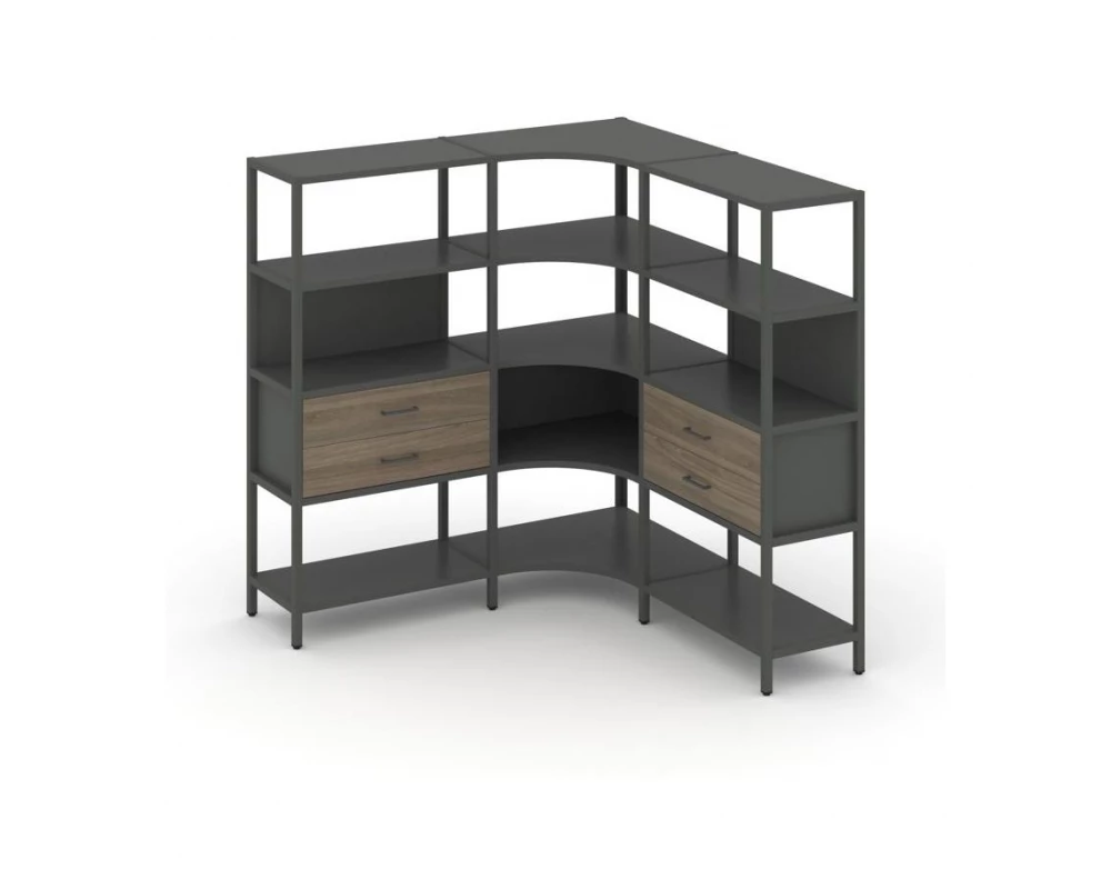 Трехсекционный угловой стеллаж четырехярусный с ящиками 1590х1590х1613 Shelf System