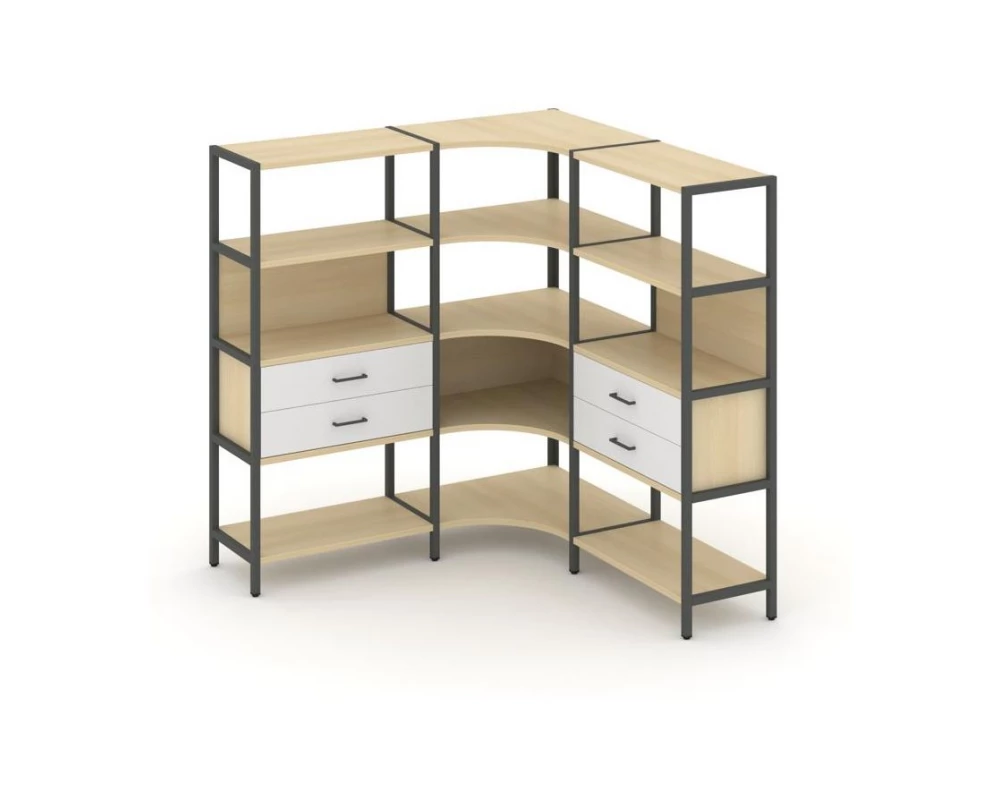Трехсекционный угловой стеллаж четырехярусный с ящиками 1590х1590х1613 Shelf System