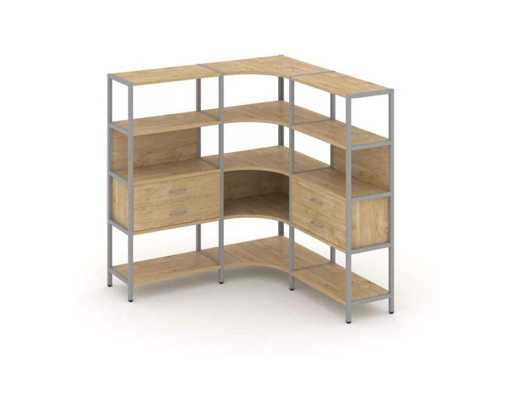 Трехсекционный угловой стеллаж четырехярусный с ящиками 1590х1590х1613 Shelf System