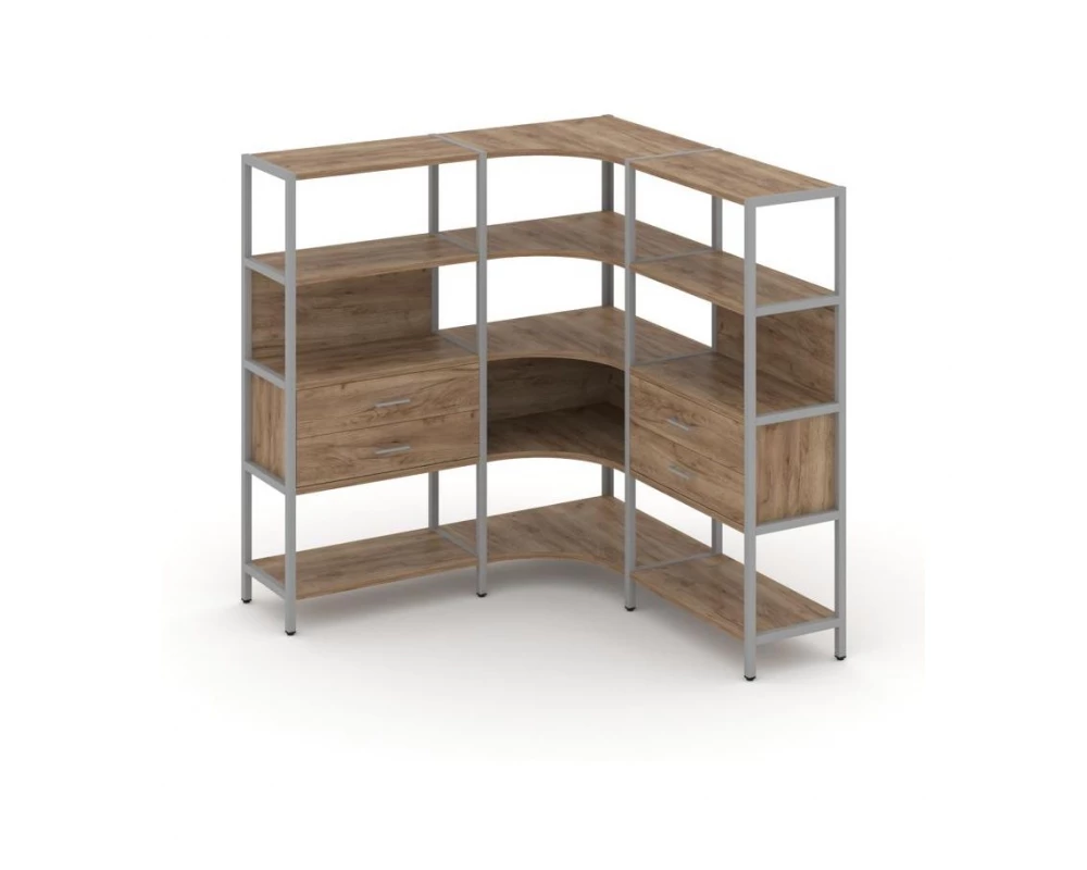 Трехсекционный угловой стеллаж четырехярусный с ящиками 1590х1590х1613 Shelf System
