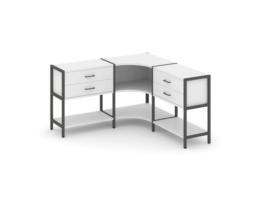 Трехсекционный угловой стеллаж двухярусный с ящиками 1590х1590х879 Shelf System