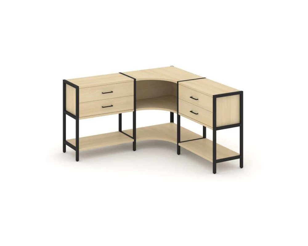 Трехсекционный угловой стеллаж двухярусный с ящиками 1590х1590х879 Shelf System