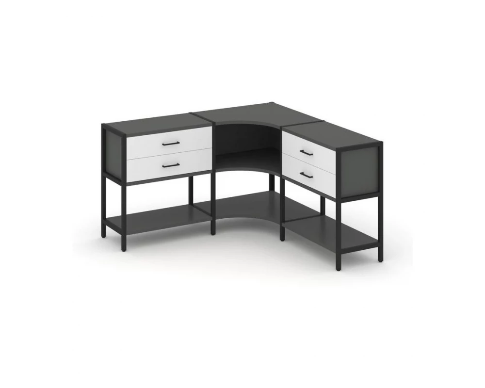 Трехсекционный угловой стеллаж двухярусный с ящиками 1590х1590х879 Shelf System