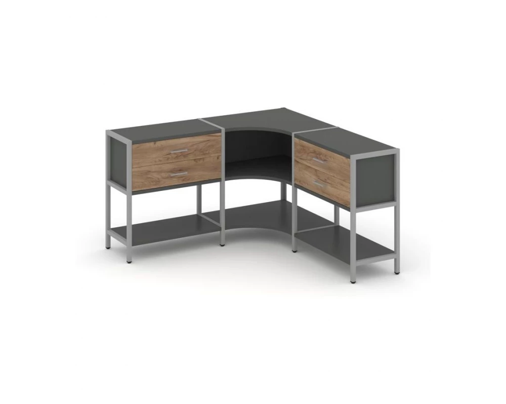 Трехсекционный угловой стеллаж двухярусный с ящиками 1590х1590х879 Shelf System