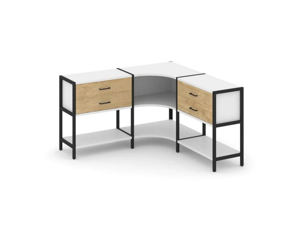 Трехсекционный угловой стеллаж двухярусный с ящиками 1590х1590х879 Shelf System