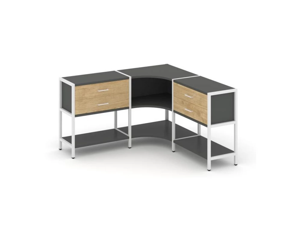 Трехсекционный угловой стеллаж двухярусный с ящиками 1590х1590х879 Shelf System