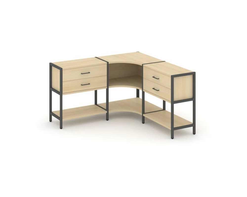 Трехсекционный угловой стеллаж двухярусный с ящиками 1590х1590х879 Shelf System