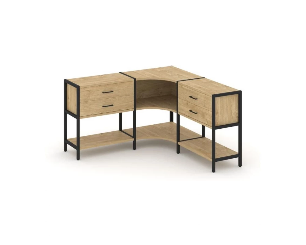 Трехсекционный угловой стеллаж двухярусный с ящиками 1590х1590х879 Shelf System