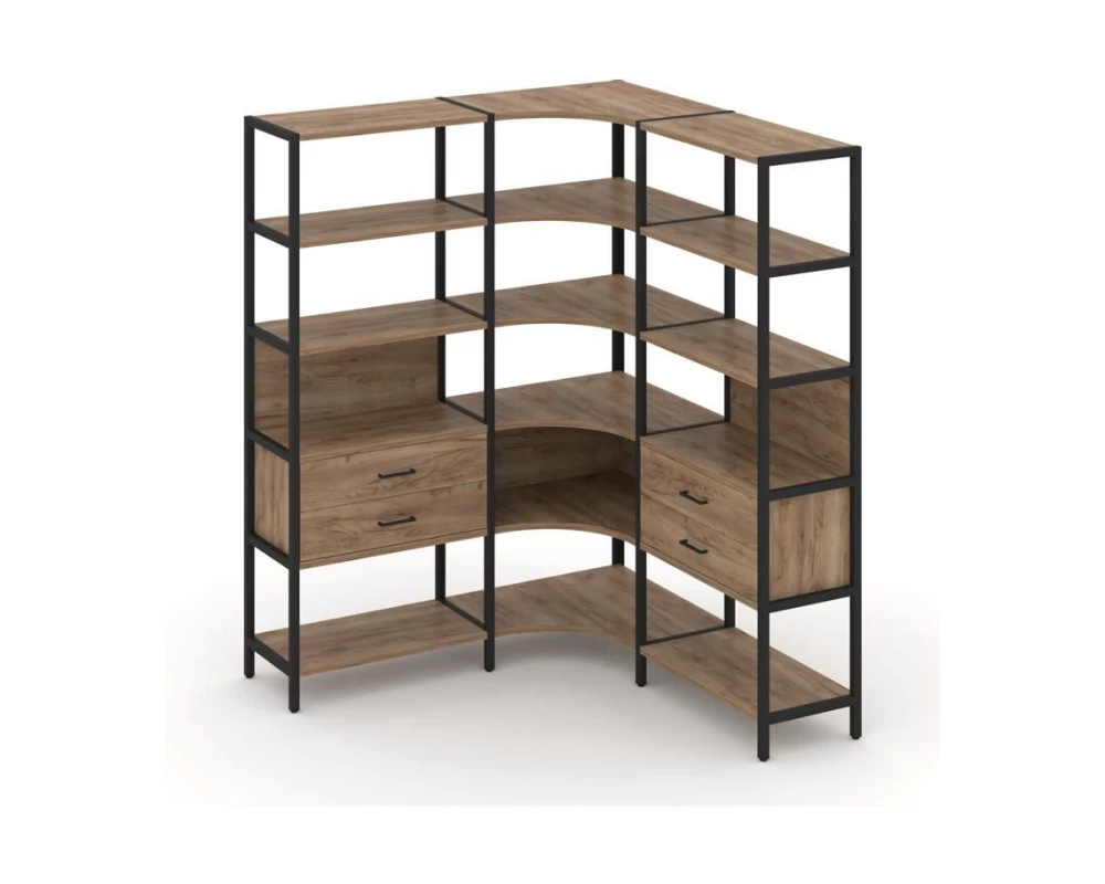 Трехсекционный угловой стеллаж пятиярусный с ящиками 1590х1590х1980 Shelf System