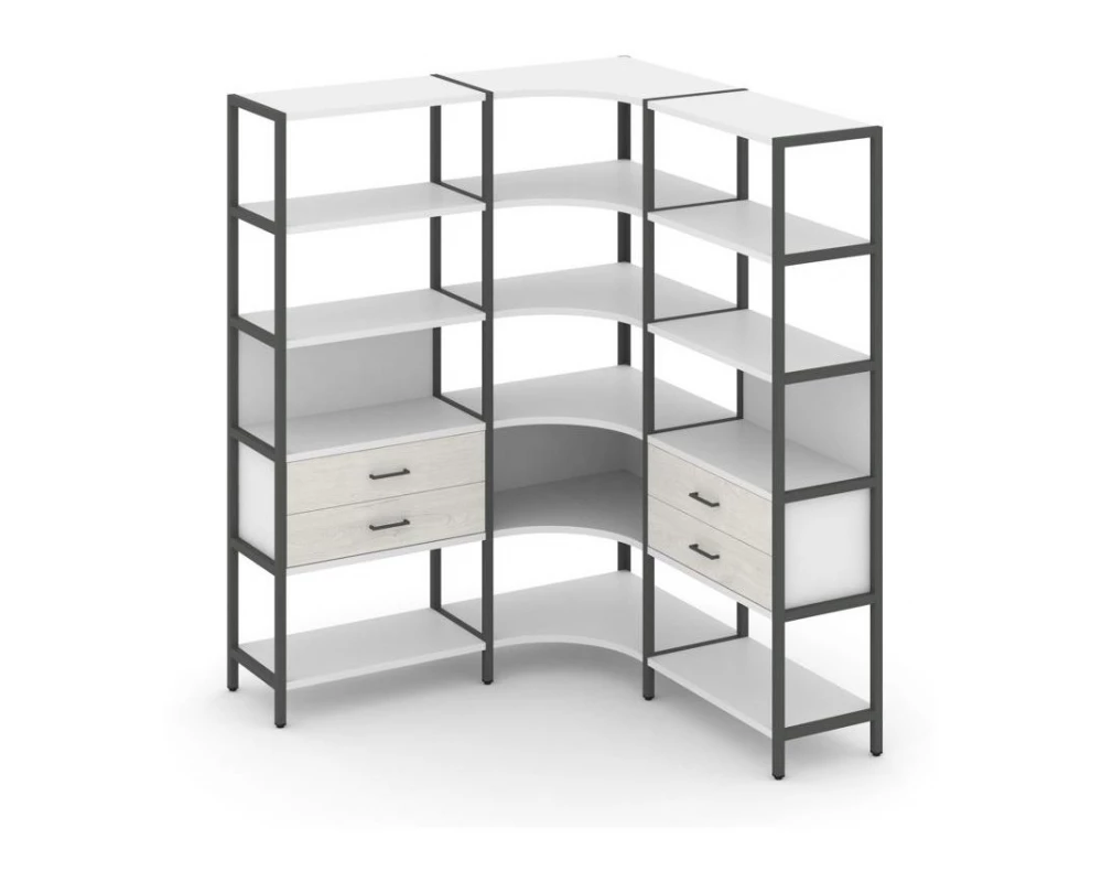 Трехсекционный угловой стеллаж пятиярусный с ящиками 1590х1590х1980 Shelf System