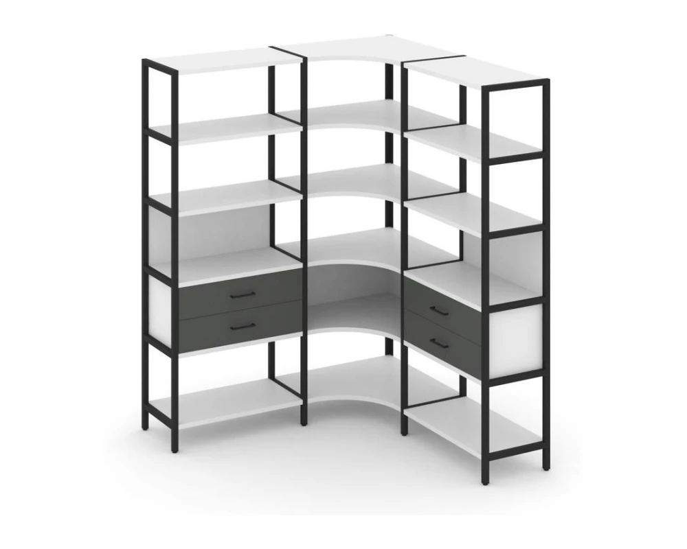 Трехсекционный угловой стеллаж пятиярусный с ящиками 1590х1590х1980 Shelf System