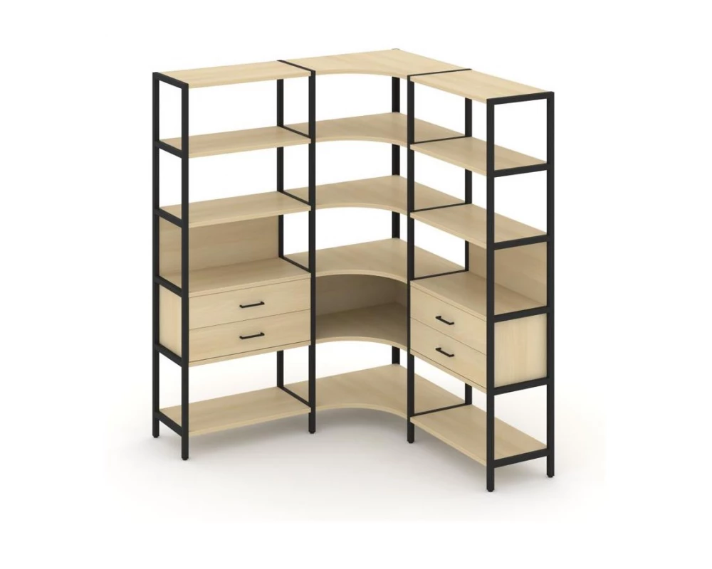 Трехсекционный угловой стеллаж пятиярусный с ящиками 1590х1590х1980 Shelf System