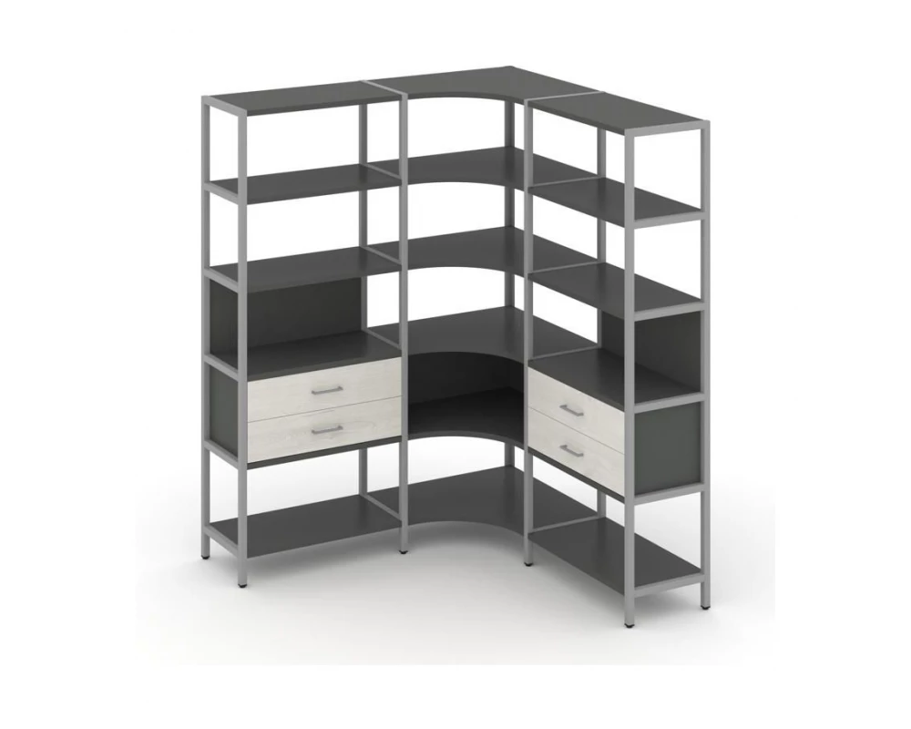 Трехсекционный угловой стеллаж пятиярусный с ящиками 1590х1590х1980 Shelf System