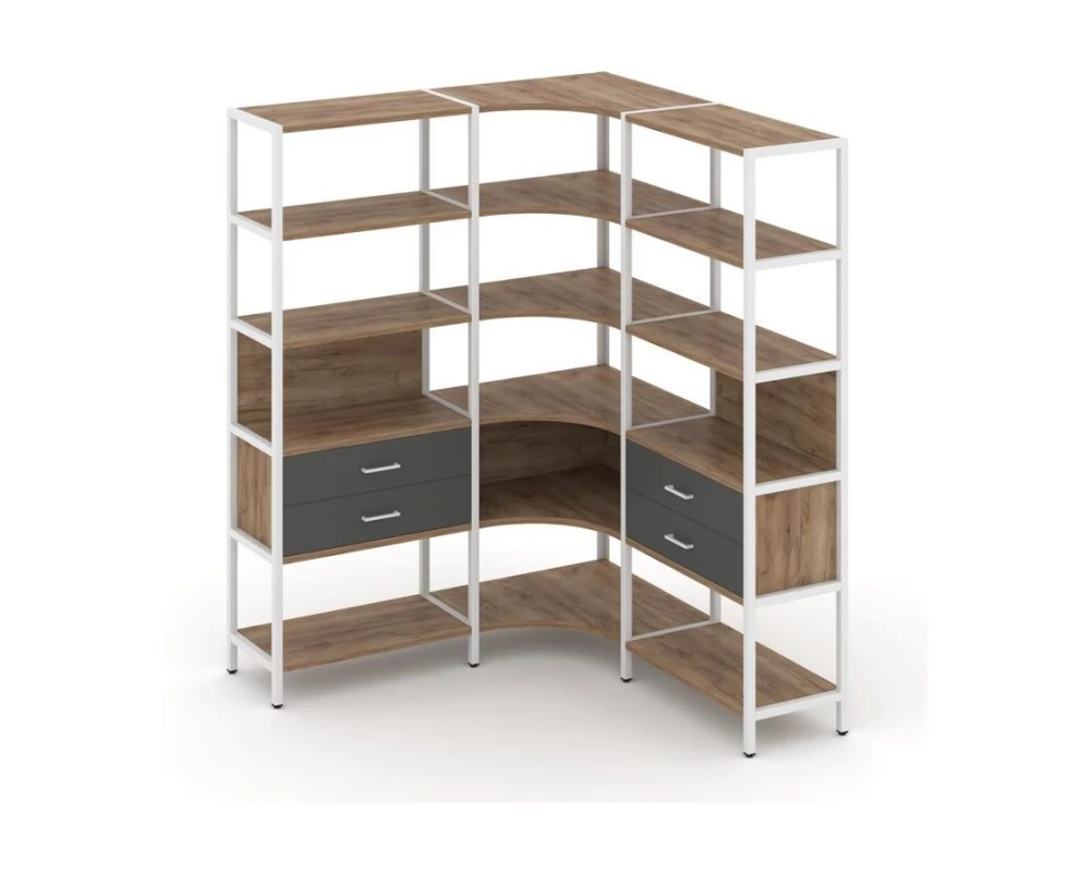 Трехсекционный угловой стеллаж пятиярусный с ящиками 1590х1590х1980 Shelf System