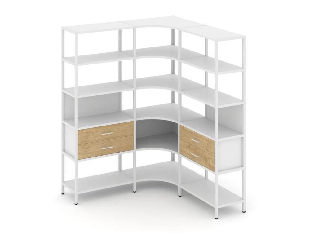 Трехсекционный угловой стеллаж пятиярусный с ящиками 1590х1590х1980 Shelf System
