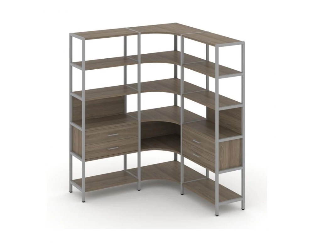 Трехсекционный угловой стеллаж пятиярусный с ящиками 1590х1590х1980 Shelf System