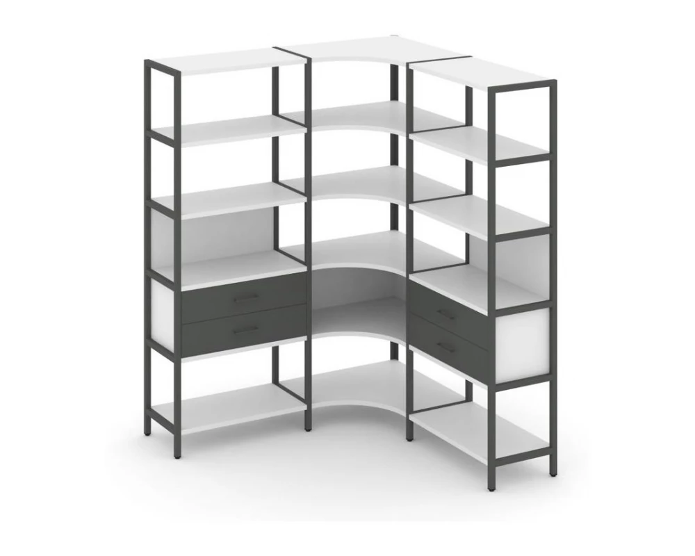 Трехсекционный угловой стеллаж пятиярусный с ящиками 1590х1590х1980 Shelf System