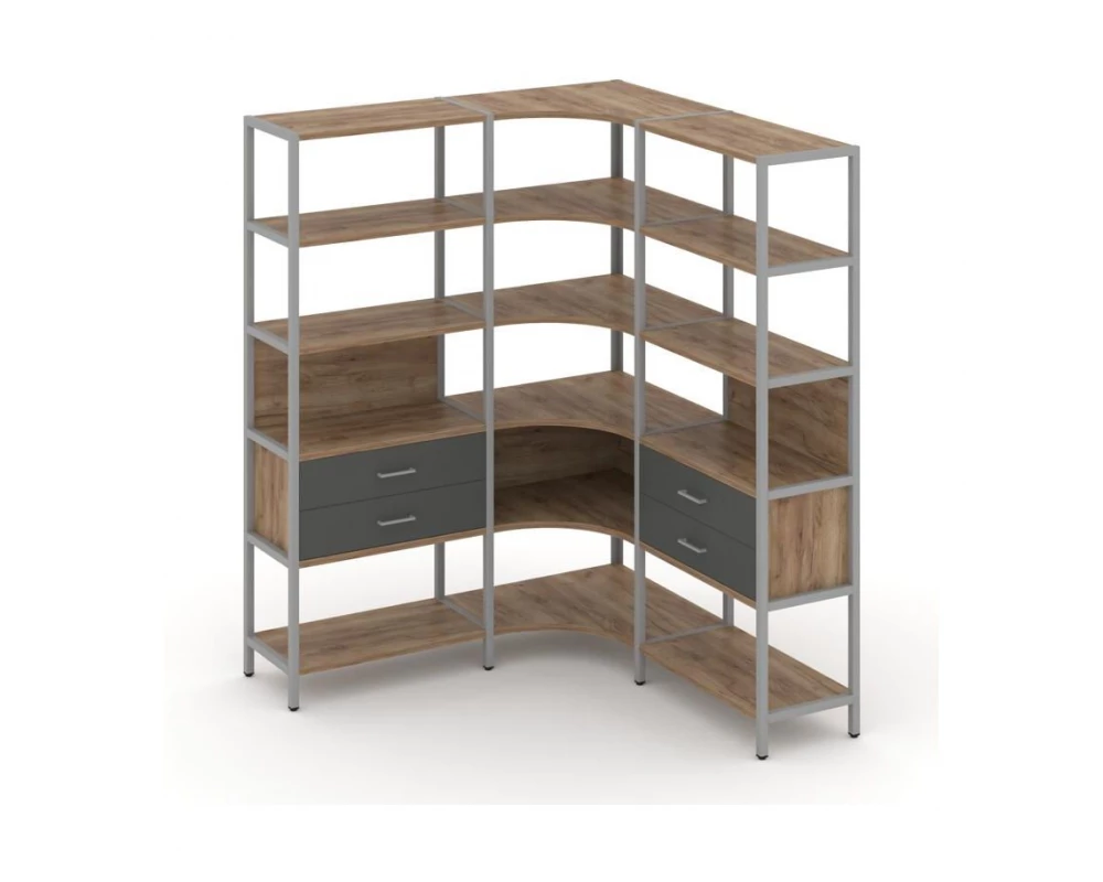 Трехсекционный угловой стеллаж пятиярусный с ящиками 1590х1590х1980 Shelf System