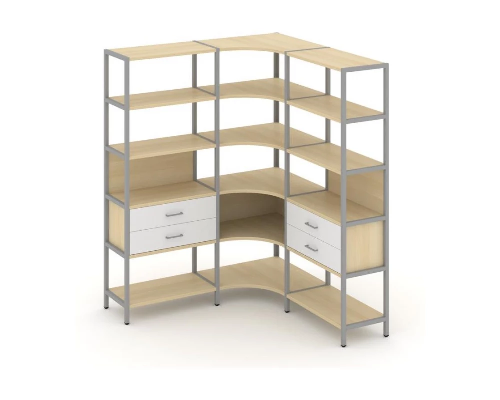 Трехсекционный угловой стеллаж пятиярусный с ящиками 1590х1590х1980 Shelf System