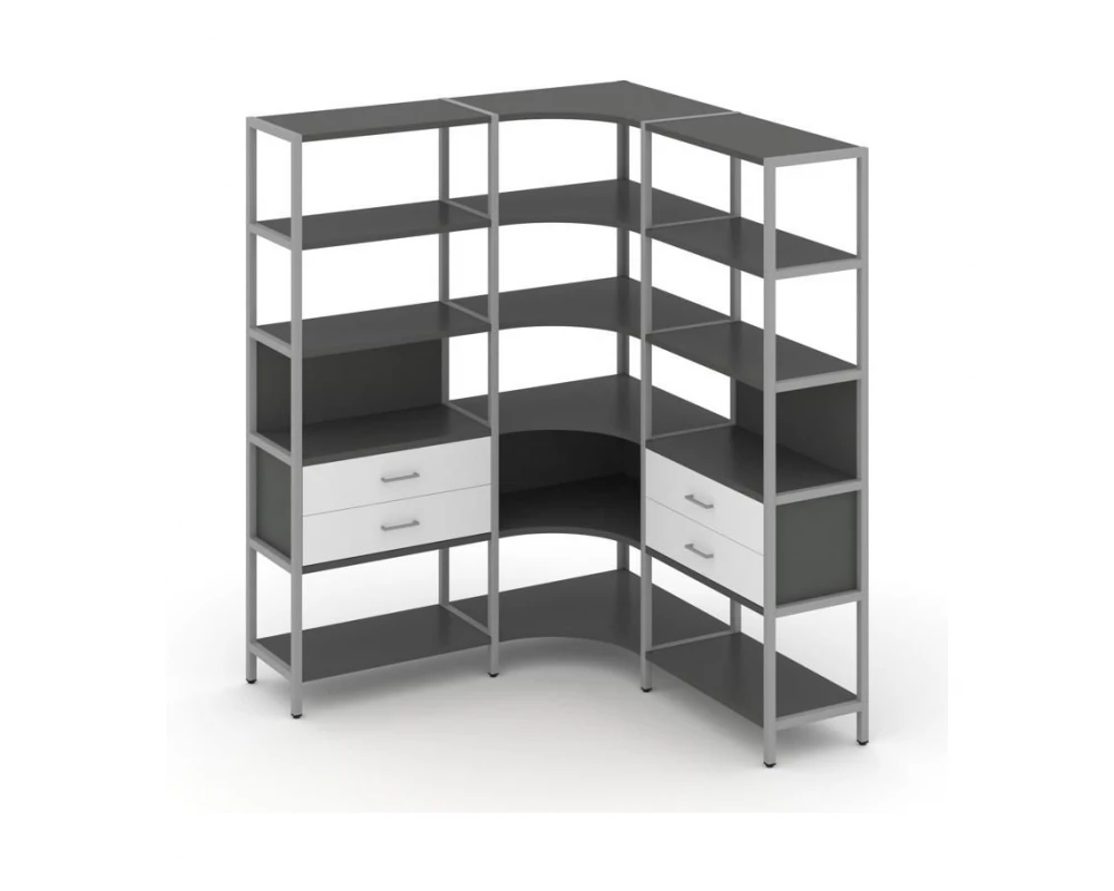 Трехсекционный угловой стеллаж пятиярусный с ящиками 1590х1590х1980 Shelf System