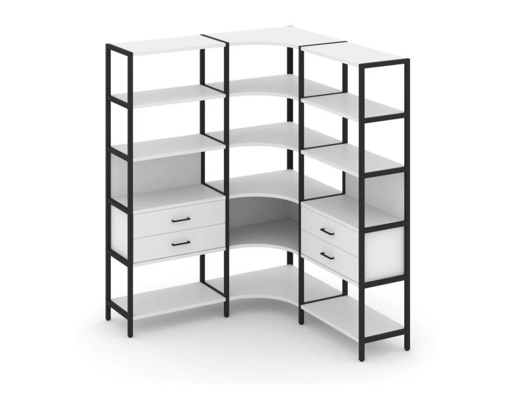 Трехсекционный угловой стеллаж пятиярусный с ящиками 1590х1590х1980 Shelf System
