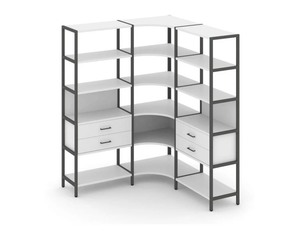 Трехсекционный угловой стеллаж пятиярусный с ящиками 1590х1590х1980 Shelf System
