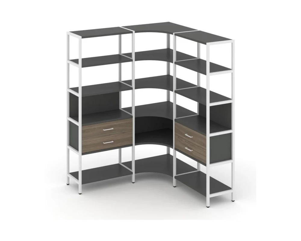 Трехсекционный угловой стеллаж пятиярусный с ящиками 1590х1590х1980 Shelf System