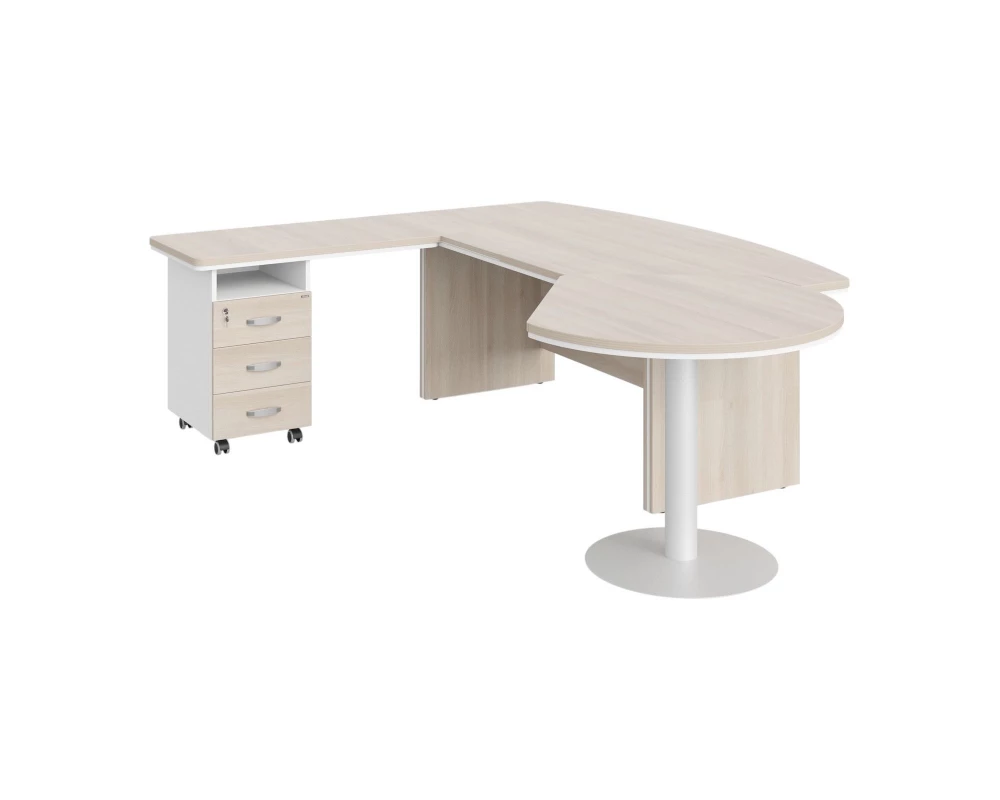 Стол руководителя угловой с брифингом и приставной тумбой L 255х205х76 Berlin Director Акация светлая/Белый премиум
