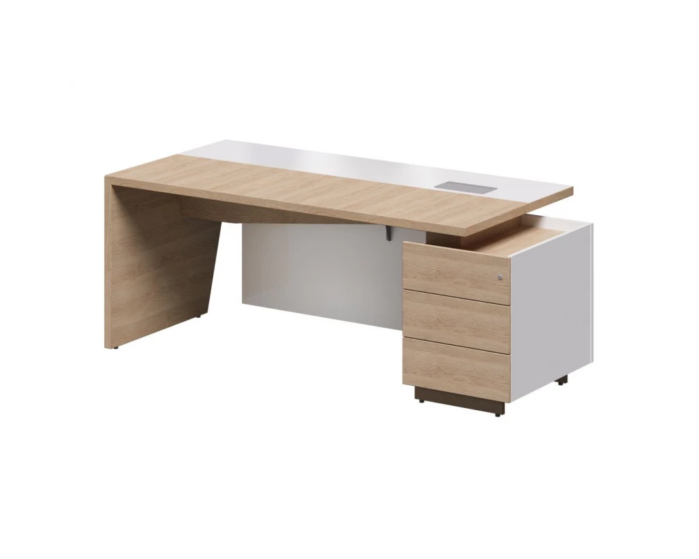 Стол рабочий с тумбой, блок розеток, правый new 200,5х90х76 Plaza Director Дуб песочный/Белый глянец